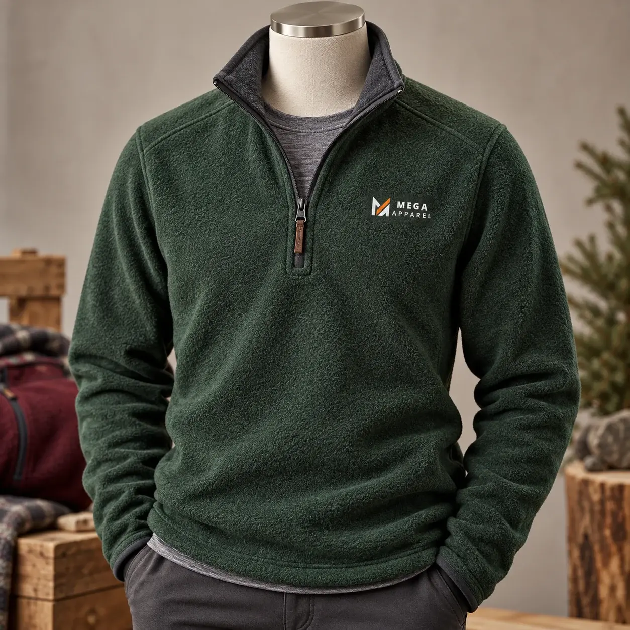 Forest green fleece mid-layer quarter-zip pullover with soft textured fabric, high collar, layered gray base shirt, and visible Mega Apparel logo displayed on a mannequin in a warm outdoor-inspired setting.